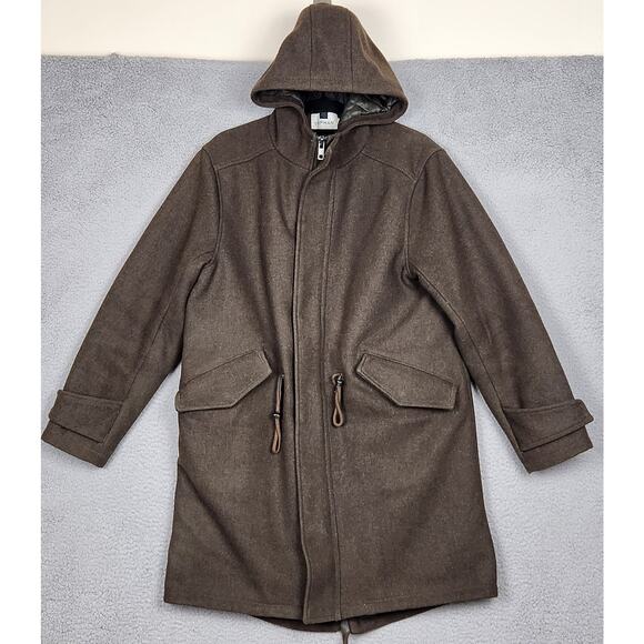 TOPMAN Coat Mens Small Green Parka Full Zip Hooded Snap Button Pockets Wool - Picture 1 of 16